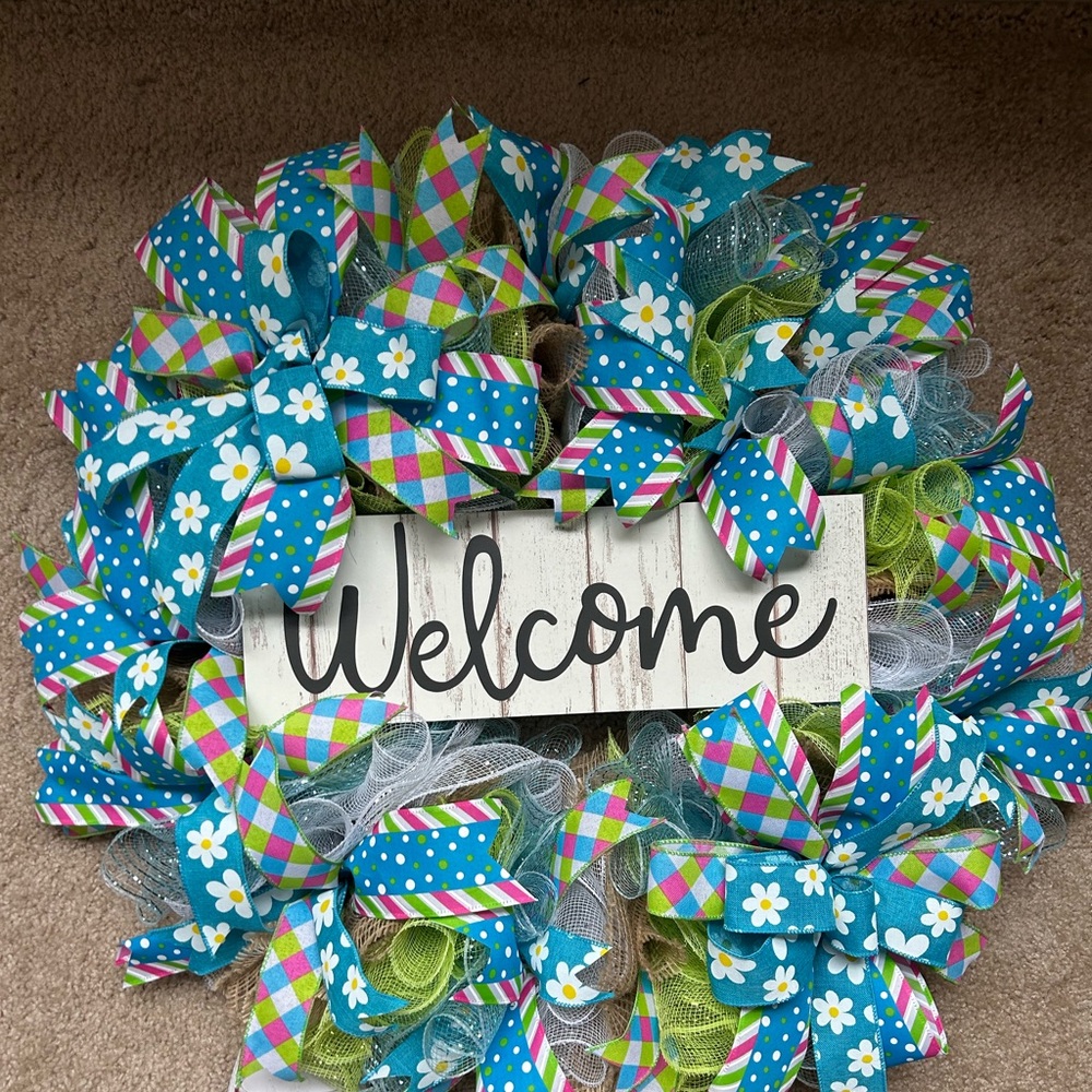 Colorful Welcome Wreath with Blue Accents
